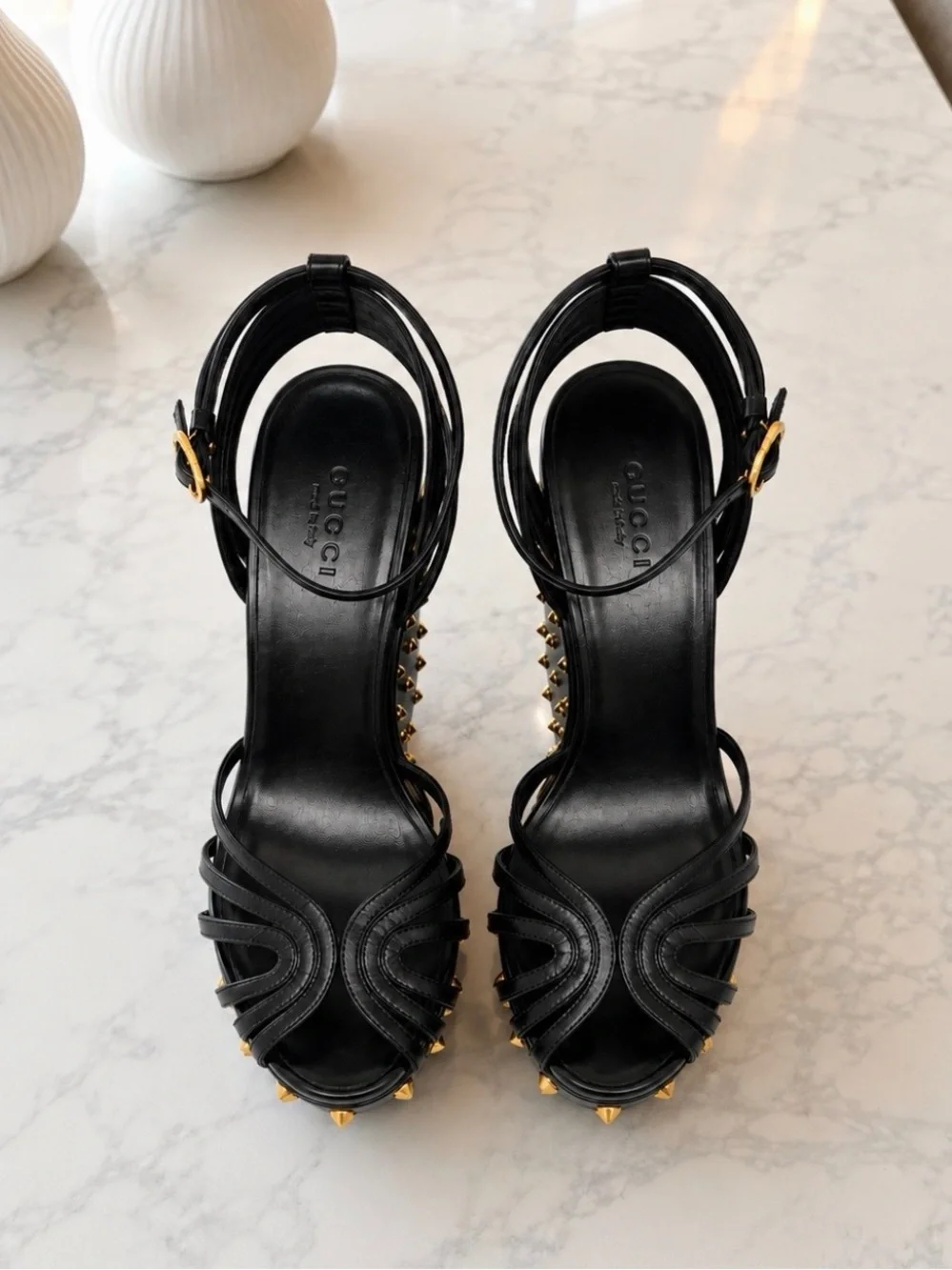 Gucci Black Leather Gold-Stud Wedge Sandals